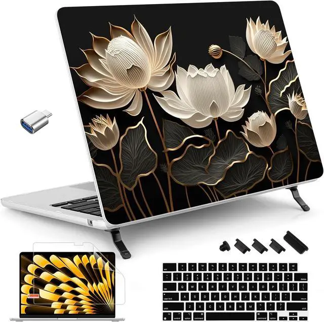 Main image of Tuiklol Case for MacBook Air 15 inch 2025 2024 2023 Model A3241 M4 / M3 A3114 / M2 A2941, Bracket Hard Shell Case with Keyboard Cover for MacBook Air 15.3'' Cover, Lotus Bud