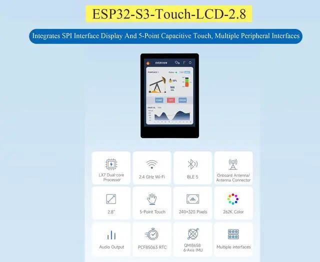 Alt view image 3 of 5 - ESP32-S3 Development Board with 2.8inch Capacitive Touch Screen 240x320 IPS Display, 32-bit LX7 Dual-Core Processor, Support W-i-F-i & Blue-Tooth,Multiple Peripherals Interfaces, with 2030 Speaker