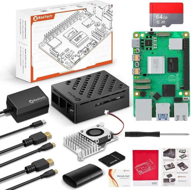Main image of RasTech Raspberry Pi 5 8GB Kit 64GB Edition with Active Cooler,27W GaN 5.1V5A USB-C Power Supply,Pi5 8GB Board,64GB Card Readers Kit,Pi 5 Case,Dual 4K Micro HD Out Cables and User Manual