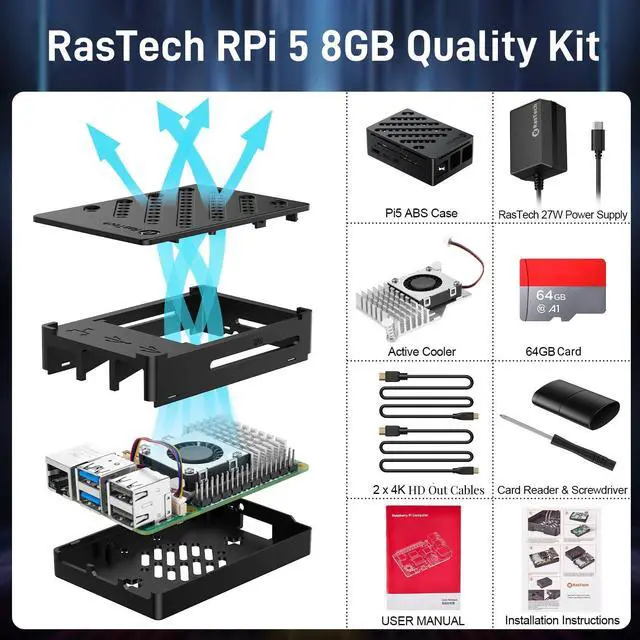 Alt view image 2 of 5 - RasTech Raspberry Pi 5 8GB Kit 64GB Edition with Active Cooler,27W GaN 5.1V5A USB-C Power Supply,Pi5 8GB Board,64GB Card Readers Kit,Pi 5 Case,Dual 4K Micro HD Out Cables and User Manual