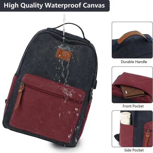 Alt view image 2 of 5 - Waterproof Canvas Backpack, Laptop Backpack with USB Charging Port, Vintage Backpack for College Students, Casual Daypack for Men & Women, Travel Work Backpack Fits 15.6 Inch Laptop, Dark Blue-Red