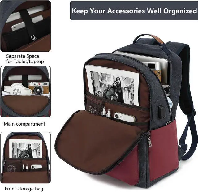 Alt view image 4 of 5 - Waterproof Canvas Backpack, Laptop Backpack with USB Charging Port, Vintage Backpack for College Students, Casual Daypack for Men & Women, Travel Work Backpack Fits 15.6 Inch Laptop, Dark Blue-Red