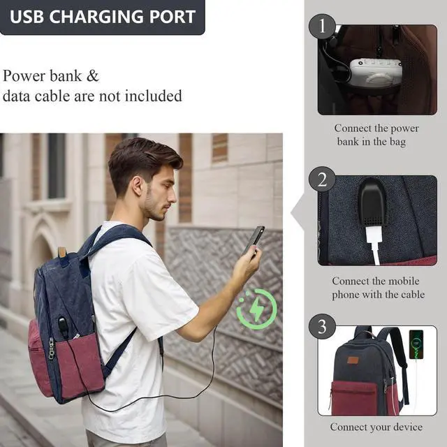 Alt view image 5 of 5 - Waterproof Canvas Backpack, Laptop Backpack with USB Charging Port, Vintage Backpack for College Students, Casual Daypack for Men & Women, Travel Work Backpack Fits 15.6 Inch Laptop, Dark Blue-Red