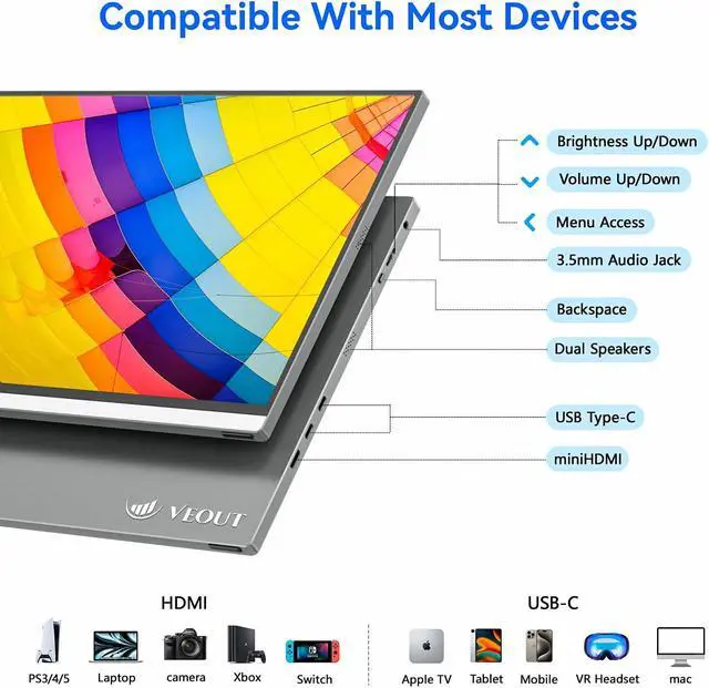 Alt view image 3 of 5 - Veout 16 Inch Portable Monitor for Laptop, 1920x1200P FHD IPS 16:10 External Screen, 100% sRGB Aluminum Stand, USB-C/Mini HDMI, Compatible with PC, Phone, Gaming