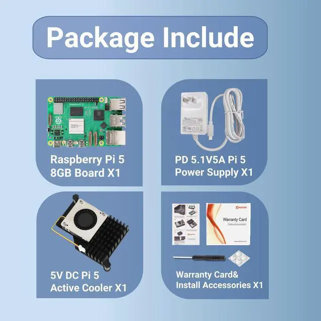 Alt view image 2 of 5 - Vemico Raspberry Pi 5 Kit 8GB RAM with 5V DC Active Cooler, 27W 5.1V5A PD Type-C Power Supply for Raspberry Pi 5, Raspberry Pi 5 8GB Single Board and Screwdriver Included