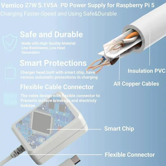 Alt view image 5 of 5 - Vemico Raspberry Pi 5 Kit 8GB RAM with 5V DC Active Cooler, 27W 5.1V5A PD Type-C Power Supply for Raspberry Pi 5, Raspberry Pi 5 8GB Single Board and Screwdriver Included