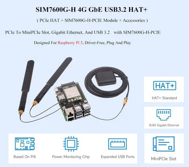 Alt view image 2 of 5 - PCIe to MiniPCIe/Gigabit Ethernet/USB 3.2 Gen1 HAT for Raspberry Pi 5, HAT+ Standard, Support Global Band 4G/3G/2G and GNSS Positioning, Support Multi-System, Comes with SIM7600G-H-PCIE 4G Module