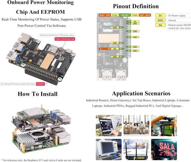 Alt view image 5 of 5 - PCIe to MiniPCIe/Gigabit Ethernet/USB 3.2 Gen1 HAT for Raspberry Pi 5, HAT+ Standard, Support Global Band 4G/3G/2G and GNSS Positioning, Support Multi-System, Comes with SIM7600G-H-PCIE 4G Module