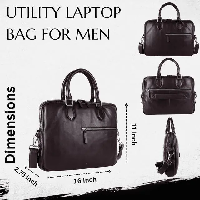 Alt view image 3 of 5 - Genuine Italian Leather 14-Inch Laptop Messenger Bag for Men - Multifunctional Satchel Shoulder Bag with Detachable Strap (Brown)