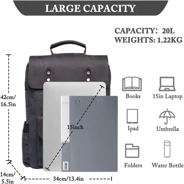 Alt view image 2 of 5 - VASCHY Leather Laptop Backpack, Casual Canvas Campus Rucksack with 15.6 inch Laptop Compartment