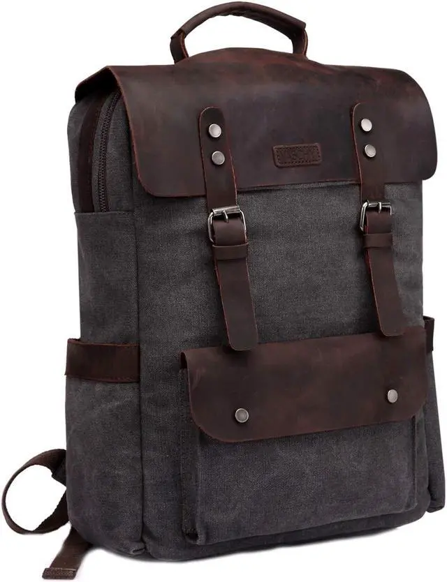 Main image of VASCHY Leather Laptop Backpack, Casual Canvas Campus Rucksack with 15.6 inch Laptop Compartment
