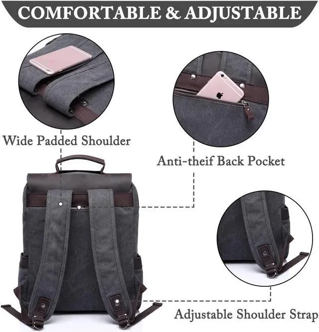 Alt view image 4 of 5 - VASCHY Leather Laptop Backpack, Casual Canvas Campus Rucksack with 15.6 inch Laptop Compartment
