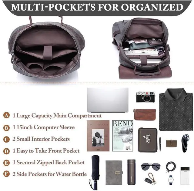 Alt view image 5 of 5 - VASCHY Leather Laptop Backpack, Casual Canvas Campus Rucksack with 15.6 inch Laptop Compartment