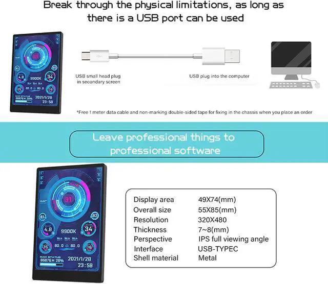 Alt view image 2 of 5 - Walfront Mini Monitor Display Computer Monitor Screen IPS Full View CPU GPU HDD Time Date Portable Smart Monitor IPS Display Various Modes for Computer USB Mini Secondary Screen 320x480