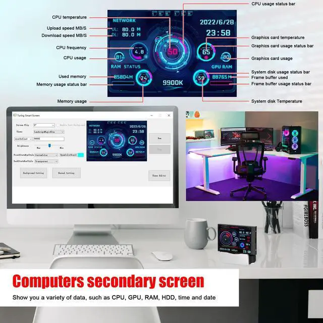 Alt view image 5 of 5 - Walfront Mini Monitor Display Computer Monitor Screen IPS Full View CPU GPU HDD Time Date Portable Smart Monitor IPS Display Various Modes for Computer USB Mini Secondary Screen 320x480