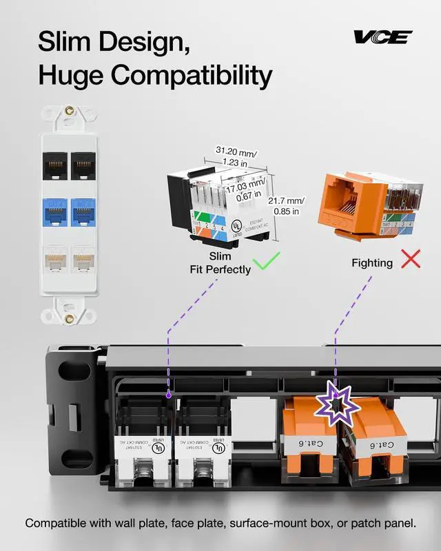 Alt view image 2 of 5 - VCE RJ45 Cat6 Keystone Jacks UL Listed 50-Pack, UTP Ethernet Keystone Jacks with Keystone Punch Down Stand Tool and Wire Stripper Cutter, Black