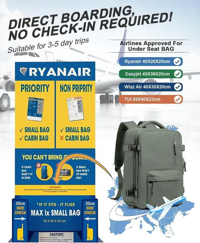 Alt view image 3 of 5 - VGCUB Travel Backpack for Women Men for Spirit Airlines Personal Item Bag 18x14x8 Inches Laptop College Waterproof Carry on Flight Approved Work Backpack Mochila de Viaje,Army green