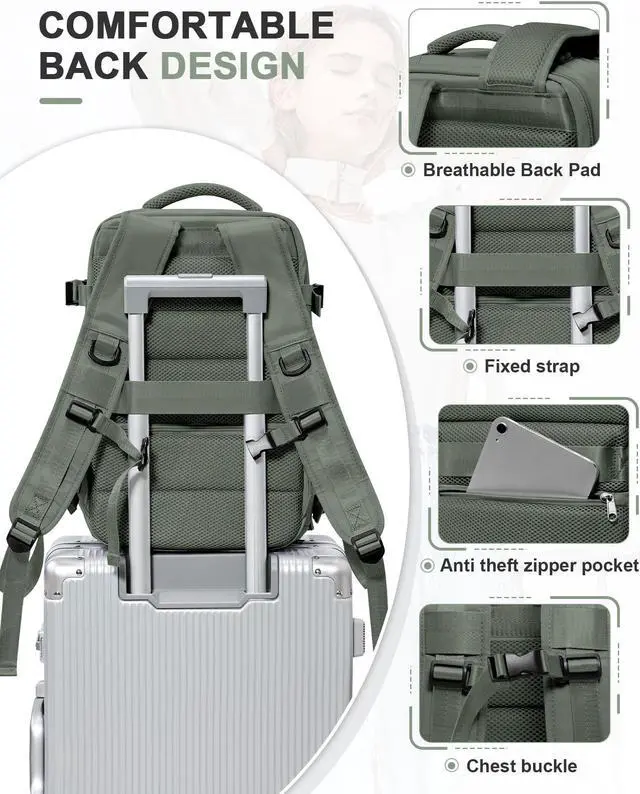 Alt view image 4 of 5 - VGCUB Travel Backpack for Women Men for Spirit Airlines Personal Item Bag 18x14x8 Inches Laptop College Waterproof Carry on Flight Approved Work Backpack Mochila de Viaje,Army green