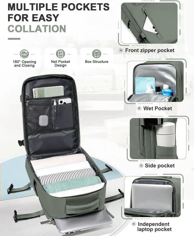Alt view image 5 of 5 - VGCUB Travel Backpack for Women Men for Spirit Airlines Personal Item Bag 18x14x8 Inches Laptop College Waterproof Carry on Flight Approved Work Backpack Mochila de Viaje,Army green