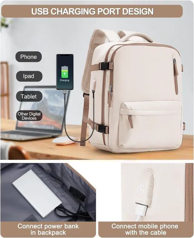 Alt view image 2 of 5 - VGCUB Lightweight Travel Backpack for Women Men,Carry on Backpack Flight Approved Luggage,Water Resistant Laptop College Work Backpack Personal Item Daypack Bookbag Mochila de Viaje,Beige with Brown