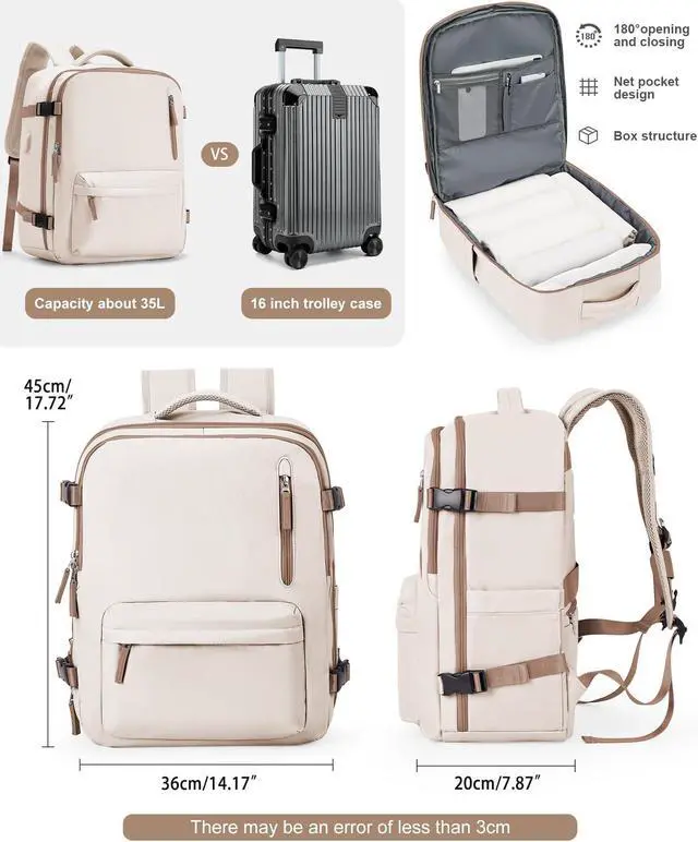 Alt view image 3 of 5 - VGCUB Lightweight Travel Backpack for Women Men,Carry on Backpack Flight Approved Luggage,Water Resistant Laptop College Work Backpack Personal Item Daypack Bookbag Mochila de Viaje,Beige with Brown