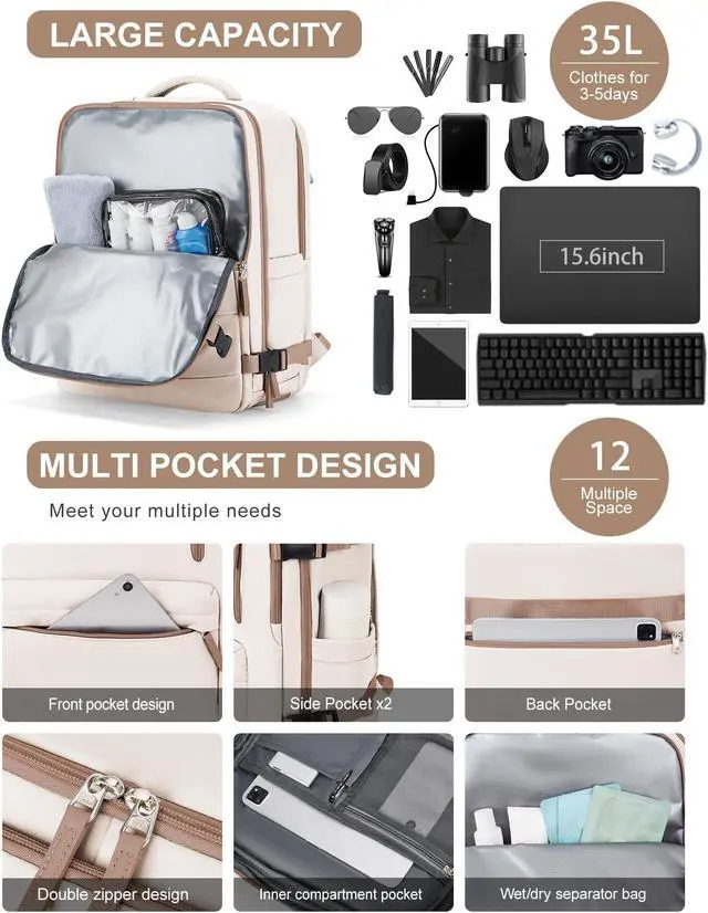 Alt view image 5 of 5 - VGCUB Lightweight Travel Backpack for Women Men,Carry on Backpack Flight Approved Luggage,Water Resistant Laptop College Work Backpack Personal Item Daypack Bookbag Mochila de Viaje,Beige with Brown
