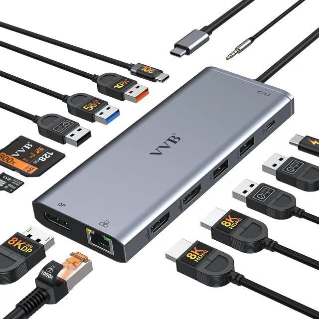 Main image of Docking Station Dual Monitor for Dell/HP/Lenovo Laptop,8K HDMI Adapter Docking Station 3 Monitors USB C Hub Multiple Adapter with 2 HDMI+8K DP+10G USB A/C+100W PD+Ethernet+SD/TF+Audio for iPhone 15