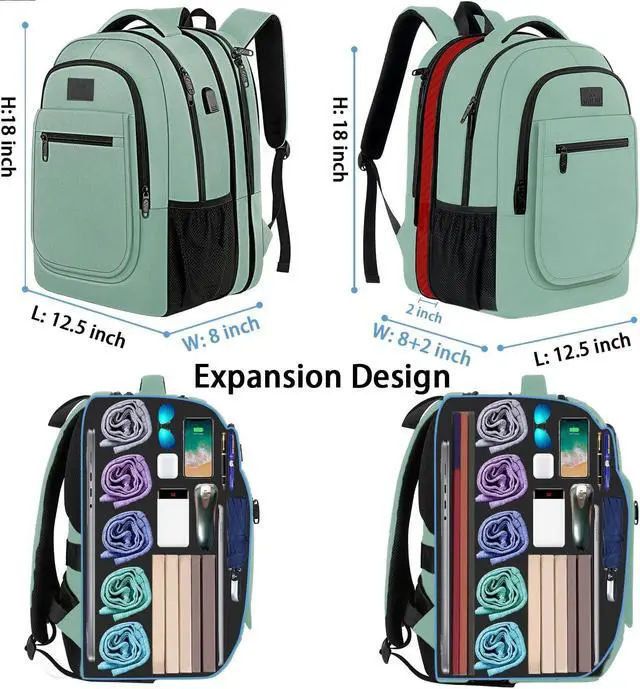Alt view image 2 of 5 - MATEIN Laptop Backpack for Women, Expandable 15.6 inch with USB Charging Port, Anti Theft Travel School Backpack, Water Resistant College Bookbag for Computer Bag Gifts for Men Women, Cyan