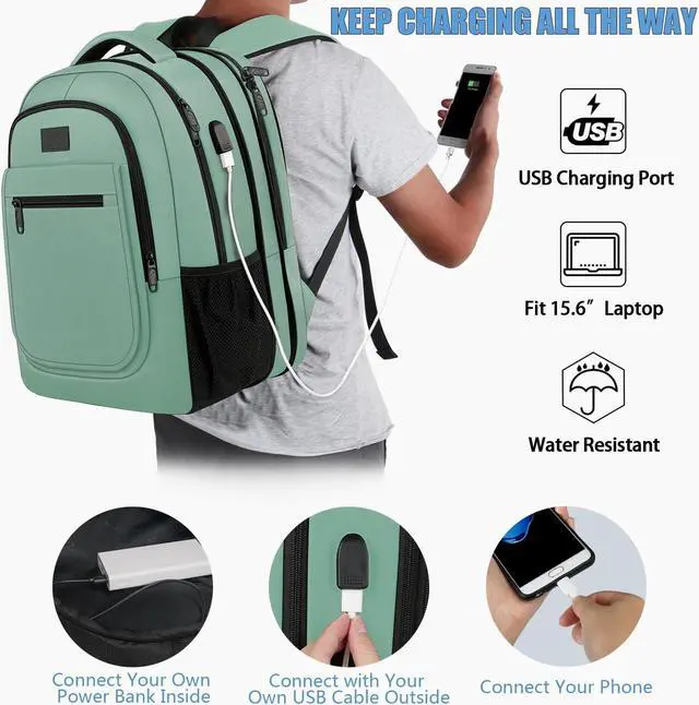 Alt view image 3 of 5 - MATEIN Laptop Backpack for Women, Expandable 15.6 inch with USB Charging Port, Anti Theft Travel School Backpack, Water Resistant College Bookbag for Computer Bag Gifts for Men Women, Cyan