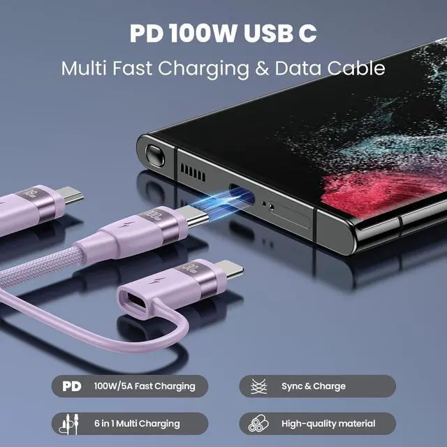 Alt view image 3 of 5 - YOUSAMS 100W USB C Multi Charging Cable 4FT + 100W Multi Fast Charging LED Cable 4FT