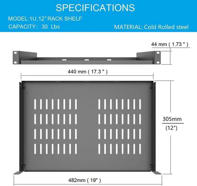 Alt view image 4 of 5 - QiaoYoubang 2 Pcs of 1U Universal Rack Shelf, 12" Deep Vented Cantilever Rack Tray for 19" Networking Cabinet or Rack, Black 2 Pcs (12 inches 2 Pcs)