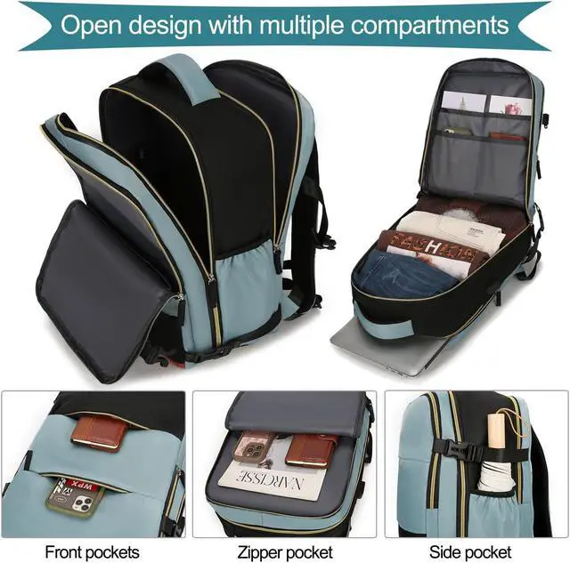 Alt view image 3 of 5 - VODIU Travel Backpack For Women Men, Carry On Backpack For Weekender Hiking,Laptop Backpack Flight Approved,Personal Item Travel Bag With Usb Charging Port & Shoe Pouch