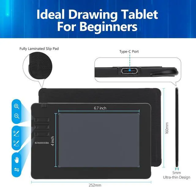 Alt view image 3 of 5 - Spaseeba T605 Drawing Tablet, 6.7x4 inch Digital Graphics Tablet with 8192 Pen Pressure Battery-Free Stylus 6 Hot Keys, Art Tablet for Drawing, Writing, Design, Teaching, Work with Mac, PC and Android
