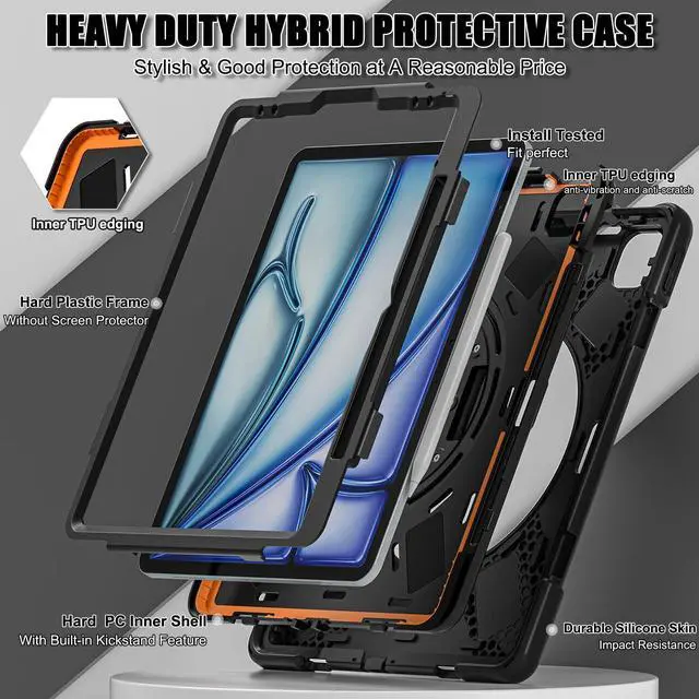 Alt view image 2 of 5 - ZenRich iPad Air 6th Generation Case M2 13 Inch 2024, A2898 A2899 A2900 Case Rugged Heavy Duty with Kickstand/Hand Strap/Pencil Holder/Shoulder Strap, Black