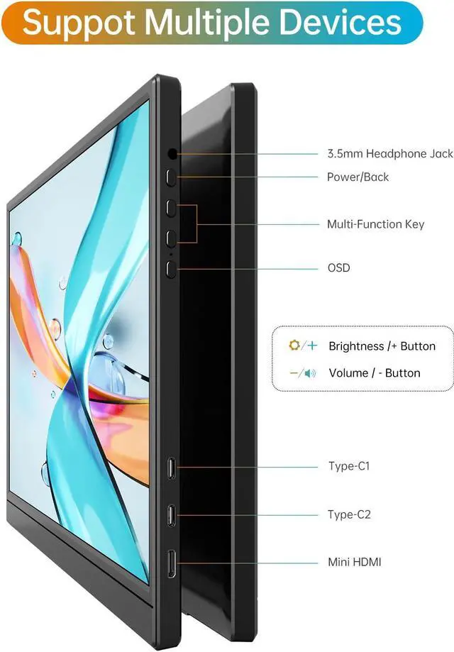 Alt view image 4 of 5 - WCV Portable Monitor 15.6 Inch 1080P USB-C HDMI Ultra-Slim Travel Monitor with Kickstand, Compatible with Xbox, Laptop, PC, Mac Phone, PS, Swich IPS Ultra-Thin Zero Frame Gaming Monitor