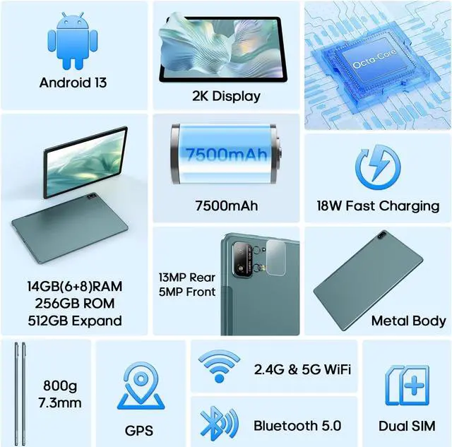 Alt view image 3 of 5 - xiskt Tablet, 6+8GB (Expanded) RAM 256GB ROM, 11 Inch Android 13 Tablets with Octa-Core Processor, 2K Display, 13MP+5MP Camera, 18W Fast Charging, 7500mAh, GPS, WiFi, BT 5.0, Dual SIM, 2.4G/5G WiFi
