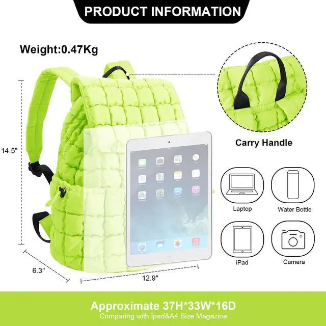Alt view image 2 of 5 - XSUIOY Quilted Backpack Purse for Women Small Lightweight Puffer Puffy College Laptop Backpack Nylon Casual Bookbag Daypack Top Flap Drawstring Padding Hiker Travel Gym Backpack(Green)