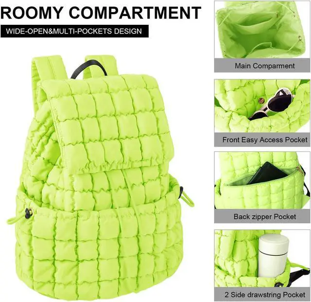 Alt view image 3 of 5 - XSUIOY Quilted Backpack Purse for Women Small Lightweight Puffer Puffy College Laptop Backpack Nylon Casual Bookbag Daypack Top Flap Drawstring Padding Hiker Travel Gym Backpack(Green)