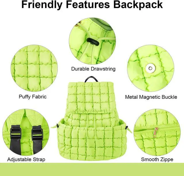 Alt view image 4 of 5 - XSUIOY Quilted Backpack Purse for Women Small Lightweight Puffer Puffy College Laptop Backpack Nylon Casual Bookbag Daypack Top Flap Drawstring Padding Hiker Travel Gym Backpack(Green)