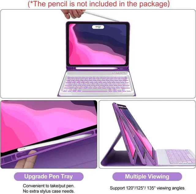 Alt view image 5 of 5 - YEHOBU Keyboard Case for iPad Pro 12.9 inch 6th/5th/4th/3rd Generation, 7 Colors Backlit, Magnetic Detachable Slim Wireless Keyboard, Smart Folio Cover with Pencil Holder, Auto Wake and Sleep, Purple