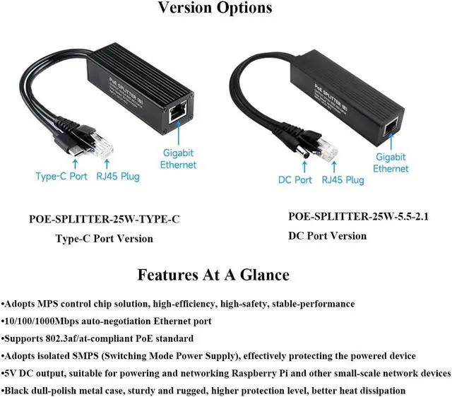 Alt view image 3 of 5 - Industrial Gigabit PoE Splitter with IEEE 802.3af/at-Compliant 10/100/1000Mbps,Power Over Ethernet Splitter Adapter for Raspberry Pi 5 4B 3B+ 3B/Network Camera, 5V 5A 25W Output, USB Type-C Port