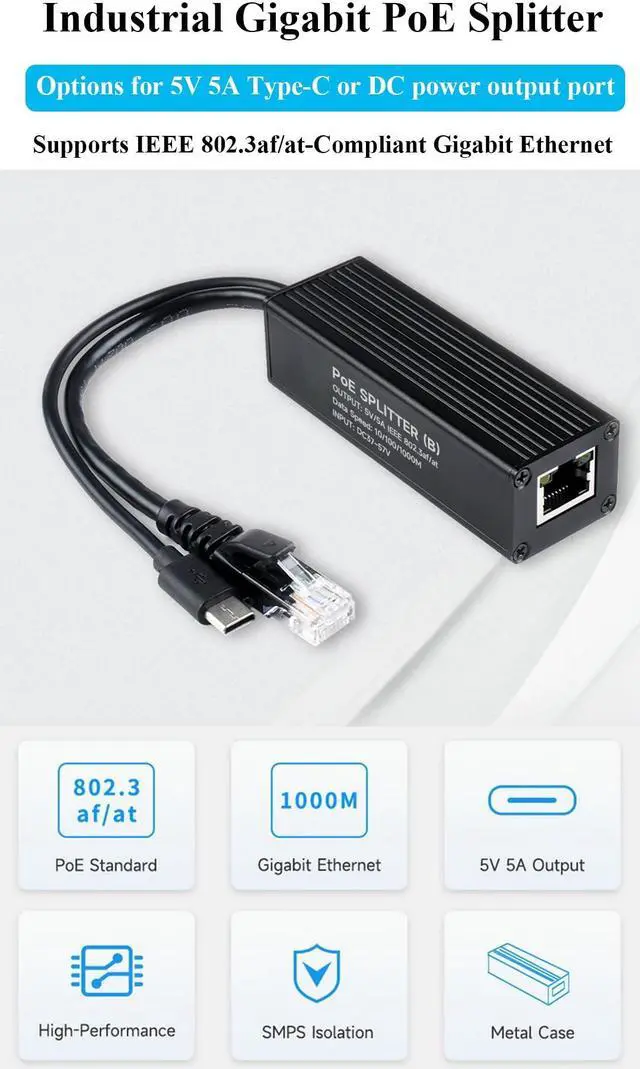 Alt view image 2 of 5 - Industrial Gigabit PoE Splitter with IEEE 802.3af/at-Compliant 10/100/1000Mbps,Power Over Ethernet Splitter Adapter for Raspberry Pi 5 4B 3B+ 3B/Network Camera, 5V 5A 25W Output, USB Type-C Port