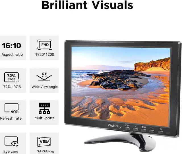 Alt view image 2 of 5 - Wstirhy 10.1 inch Small Monitor (1920x1200) 178deg Screen Display with HDMI VGA AV BNC USB for PC Laptop Computer, Kitchen Monitor Built-in Speaker, VESA, Remote Contro
