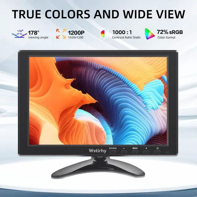 Alt view image 3 of 5 - Wstirhy 10.1 inch Small Monitor (1920x1200) 178deg Screen Display with HDMI VGA AV BNC USB for PC Laptop Computer, Kitchen Monitor Built-in Speaker, VESA, Remote Contro
