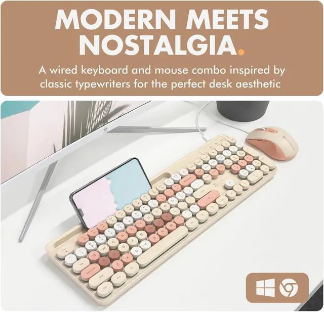 Alt view image 2 of 5 - X9 Retro Wired Keyboard and Mouse Combo - Typewriter Keyboard with Round Keycaps, 109 Silent Keys Fullsize Cute Keyboard with Phone/Tablet Dock, Backlit Pastel Colorful Keyboard - Brown