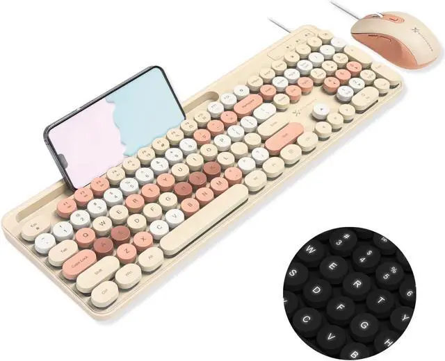 Main image of X9 Retro Wired Keyboard and Mouse Combo - Typewriter Keyboard with Round Keycaps, 109 Silent Keys Fullsize Cute Keyboard with Phone/Tablet Dock, Backlit Pastel Colorful Keyboard - Brown