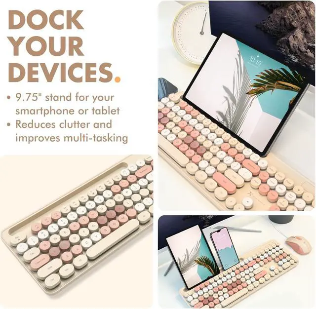 Alt view image 3 of 5 - X9 Retro Wired Keyboard and Mouse Combo - Typewriter Keyboard with Round Keycaps, 109 Silent Keys Fullsize Cute Keyboard with Phone/Tablet Dock, Backlit Pastel Colorful Keyboard - Brown