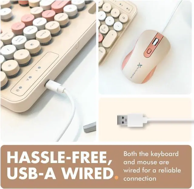 Alt view image 5 of 5 - X9 Retro Wired Keyboard and Mouse Combo - Typewriter Keyboard with Round Keycaps, 109 Silent Keys Fullsize Cute Keyboard with Phone/Tablet Dock, Backlit Pastel Colorful Keyboard - Brown