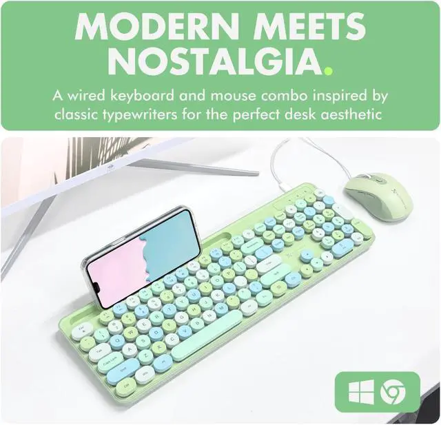Alt view image 2 of 5 - X9 Wired Retro Keyboard and Mouse Combo - Backlit Typewriter Keyboard with Round Keycaps, 109 Silent Keys Fullsize Cute Keyboard with Phone/Tablet Dock, Aesthetic and Pastel Colorful Keyboard - Green