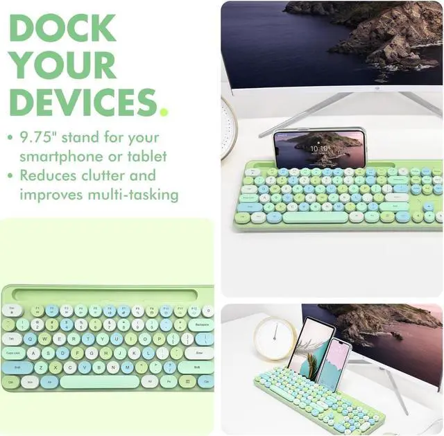 Alt view image 3 of 5 - X9 Wired Retro Keyboard and Mouse Combo - Backlit Typewriter Keyboard with Round Keycaps, 109 Silent Keys Fullsize Cute Keyboard with Phone/Tablet Dock, Aesthetic and Pastel Colorful Keyboard - Green
